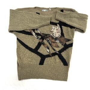 Vintage 80s Cat Sweater Size L Beaded Hollywood & Vine Art Deco Retro Animal